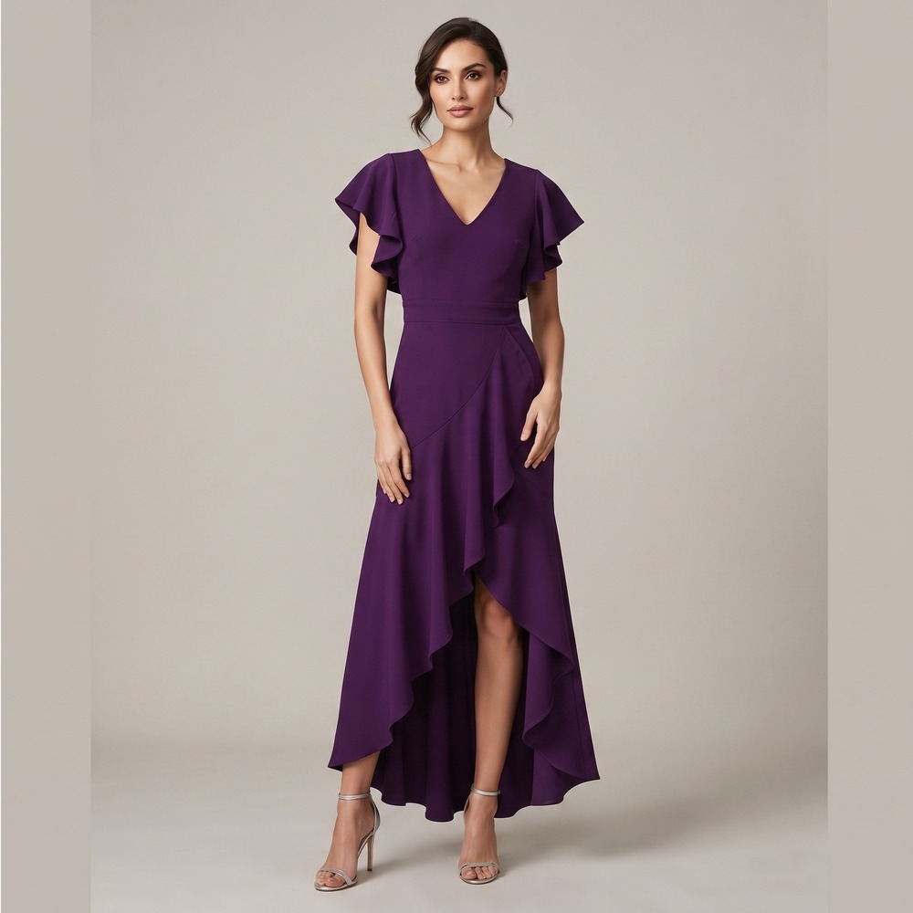 Miusol High-Low Gown Women Large Purple Excellent Ruffle Sleeve V-Neck Dress